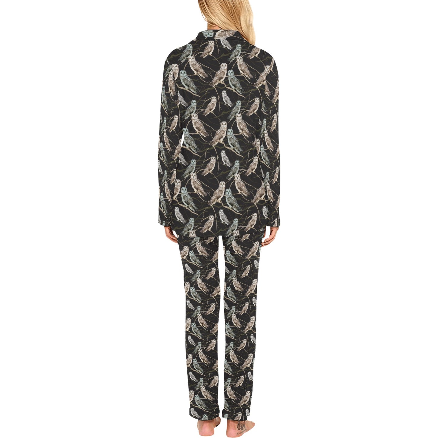 Owl Branch Themed Design Print Women's Long Pajama Set