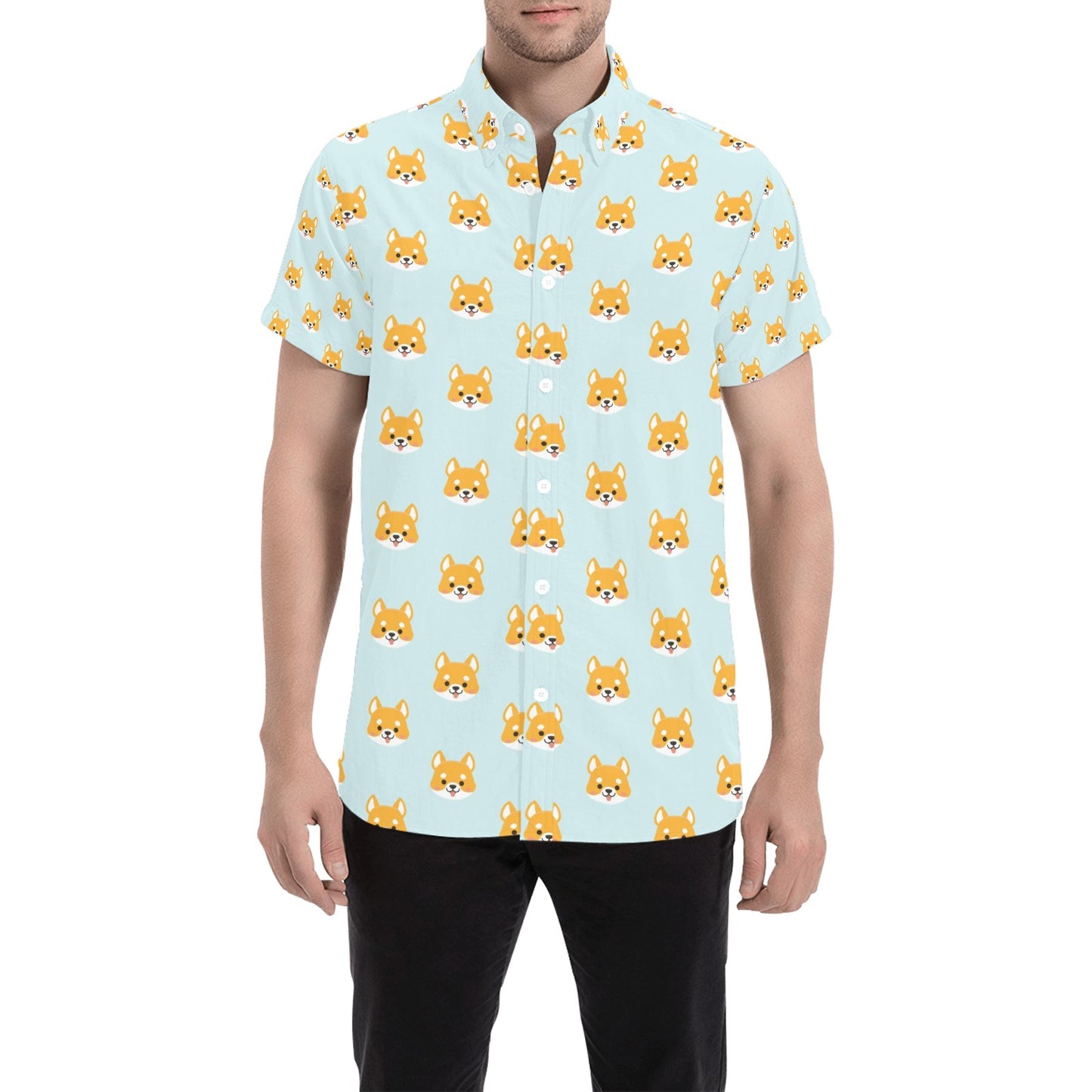 Shiba Inu Print Design LKS301 Men Short Sleeve Button Up Shirt