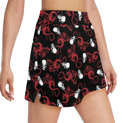 Skull With Red Dragon Print Design LKS304 17" Golf & Pickleball Skort with Pockets