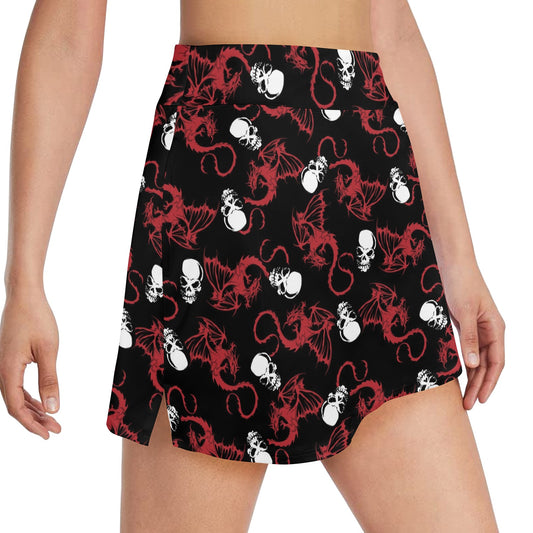 Skull With Red Dragon Print Design LKS304 17" Golf & Pickleball Skort with Pockets