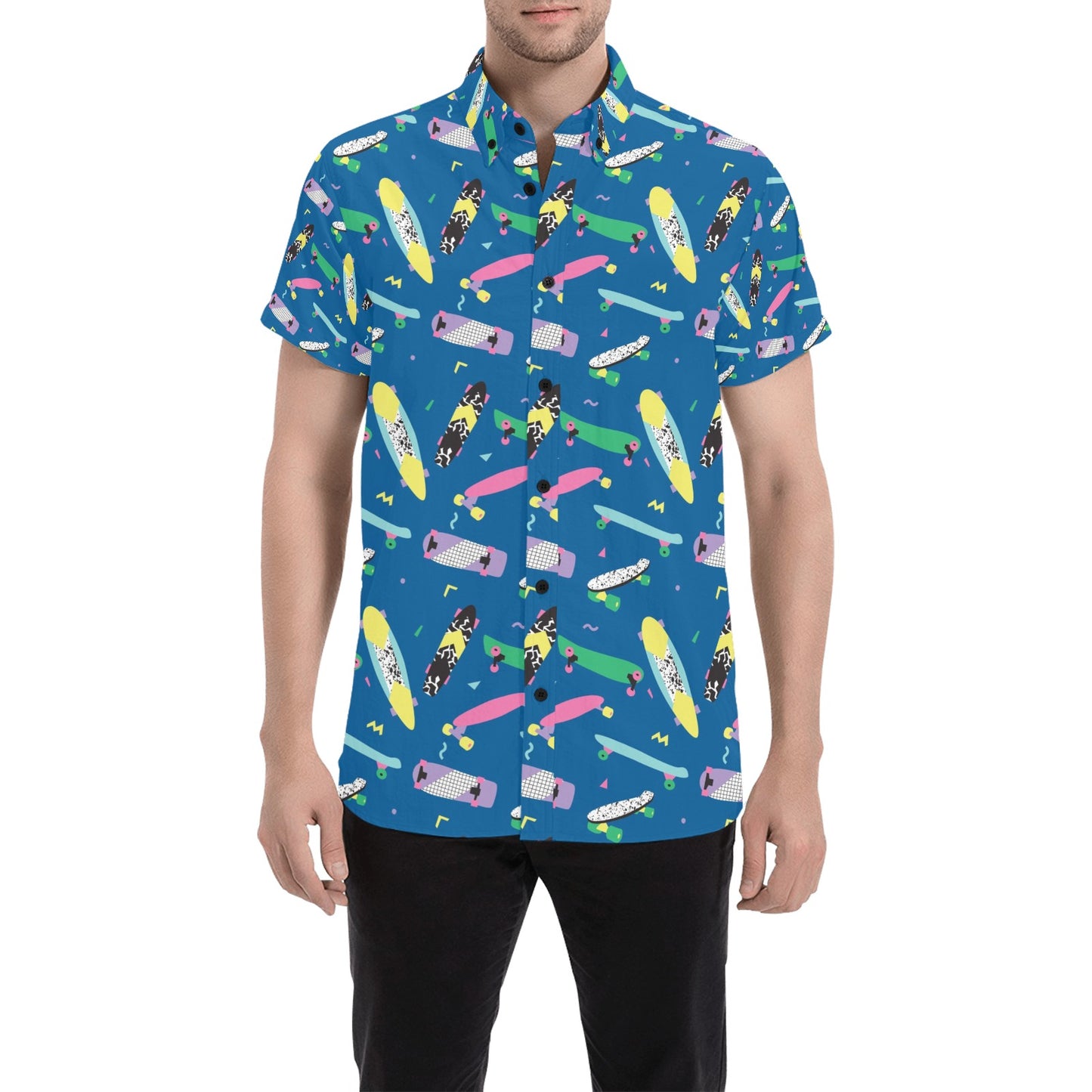 Skateboard Print Design LKS302 Men Short Sleeve Button Up Shirt