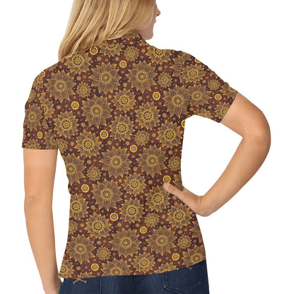 Gold Sunflower Hand Drawn Print Women's Polo Shirt