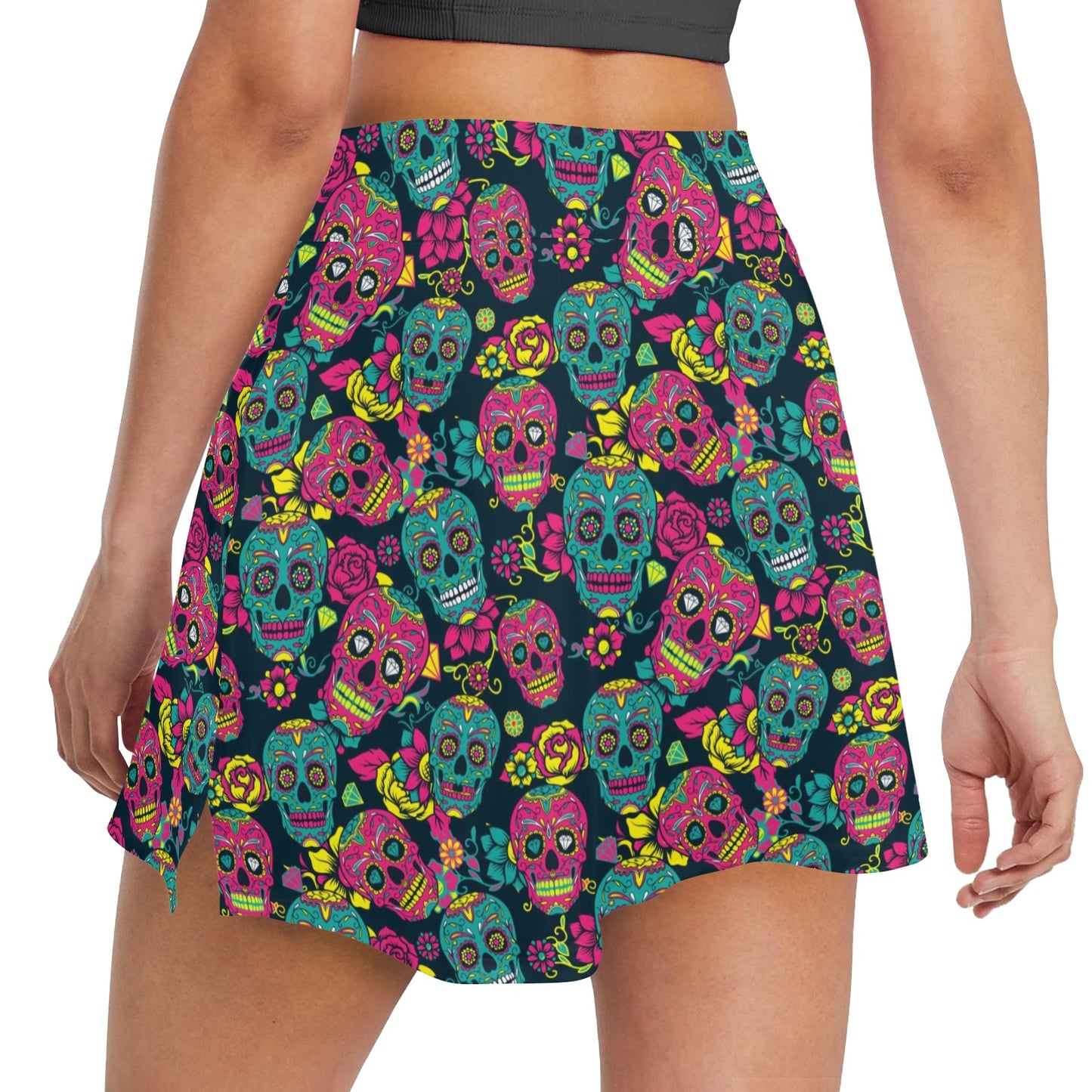 Sugar Skull Floral Design Themed Print 17" Golf & Pickleball Skort with Pockets