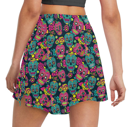 Sugar Skull Floral Design Themed Print 17" Golf & Pickleball Skort with Pockets