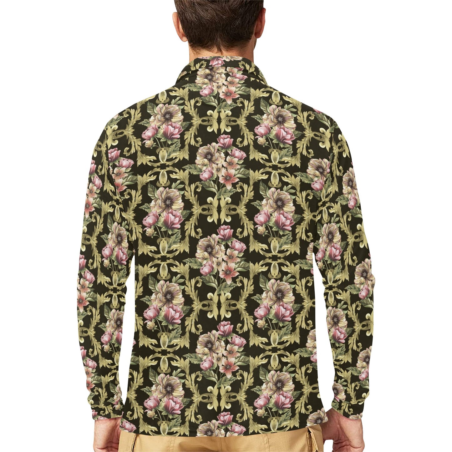 Baroque Pattern Print Design 02 Long Sleeve Polo Shirt For Men's