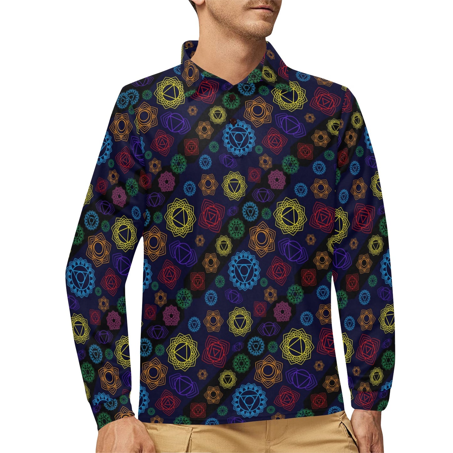 Chakra Colorful Print Pattern Long Sleeve Polo Shirt For Men's