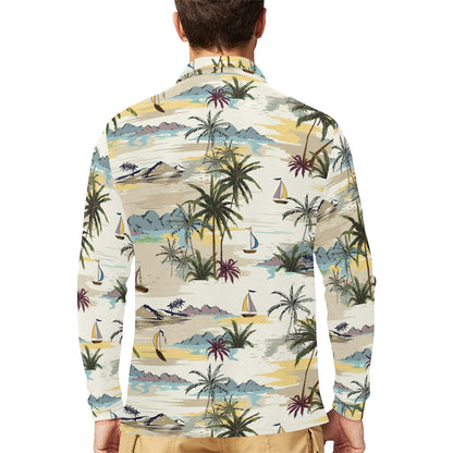 Palm Tree Beach Print Long Sleeve Polo Shirt For Men's