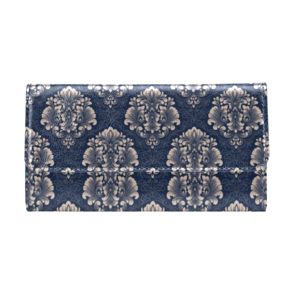 Damask Blue Luxury Print Pattern Women's Trifold Wallet