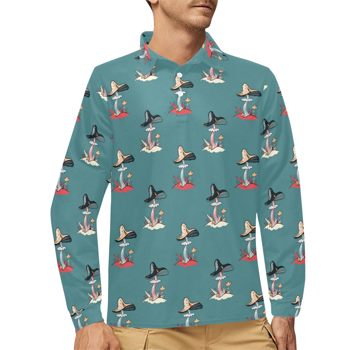 Mushroom Pattern Print Design A04 Long Sleeve Polo Shirt For Men's