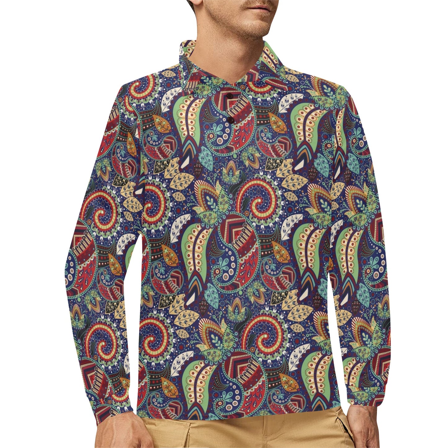 Paisley Boho Pattern Print Design A03 Long Sleeve Polo Shirt For Men's