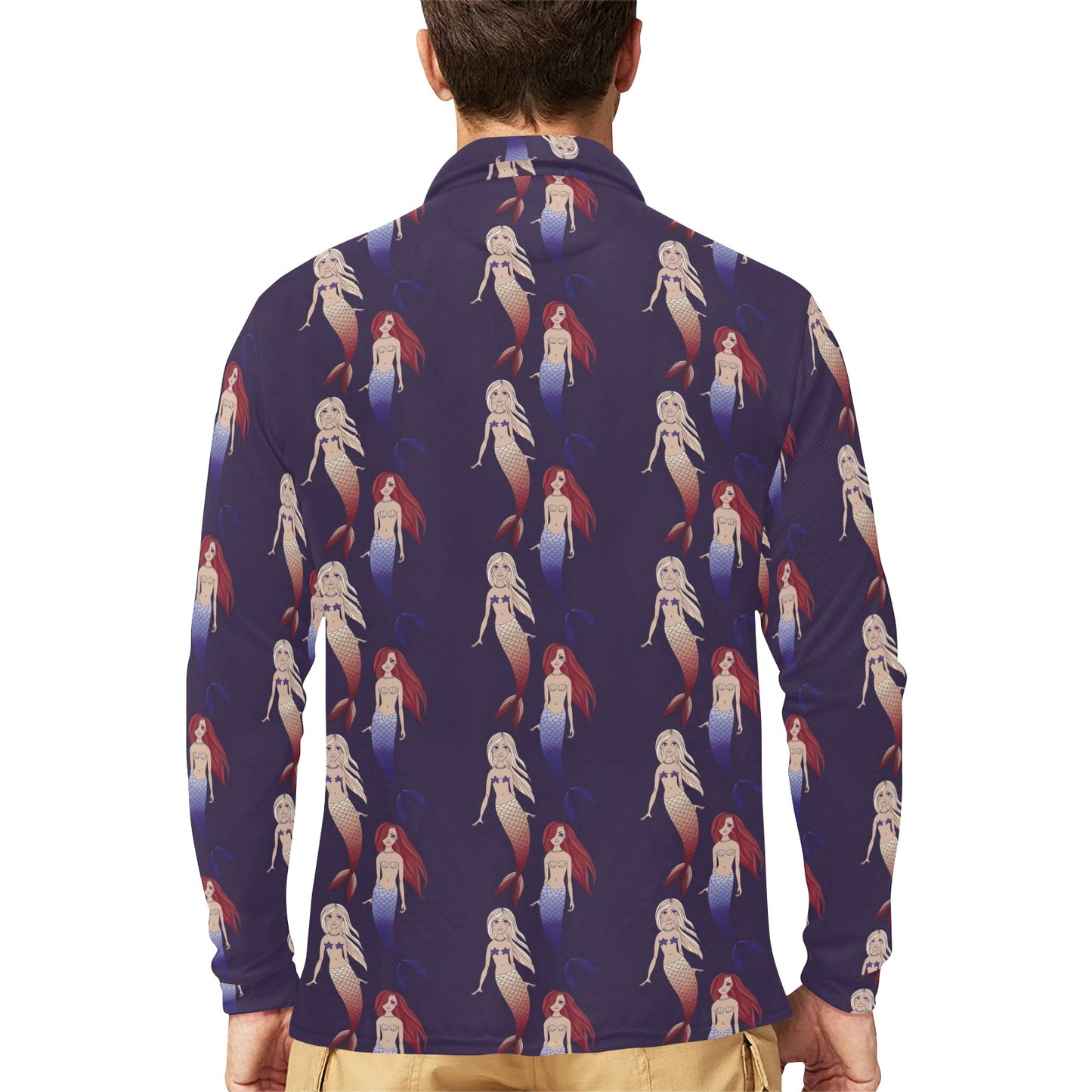 Mermaid Pattern Print Design 02 Long Sleeve Polo Shirt For Men's