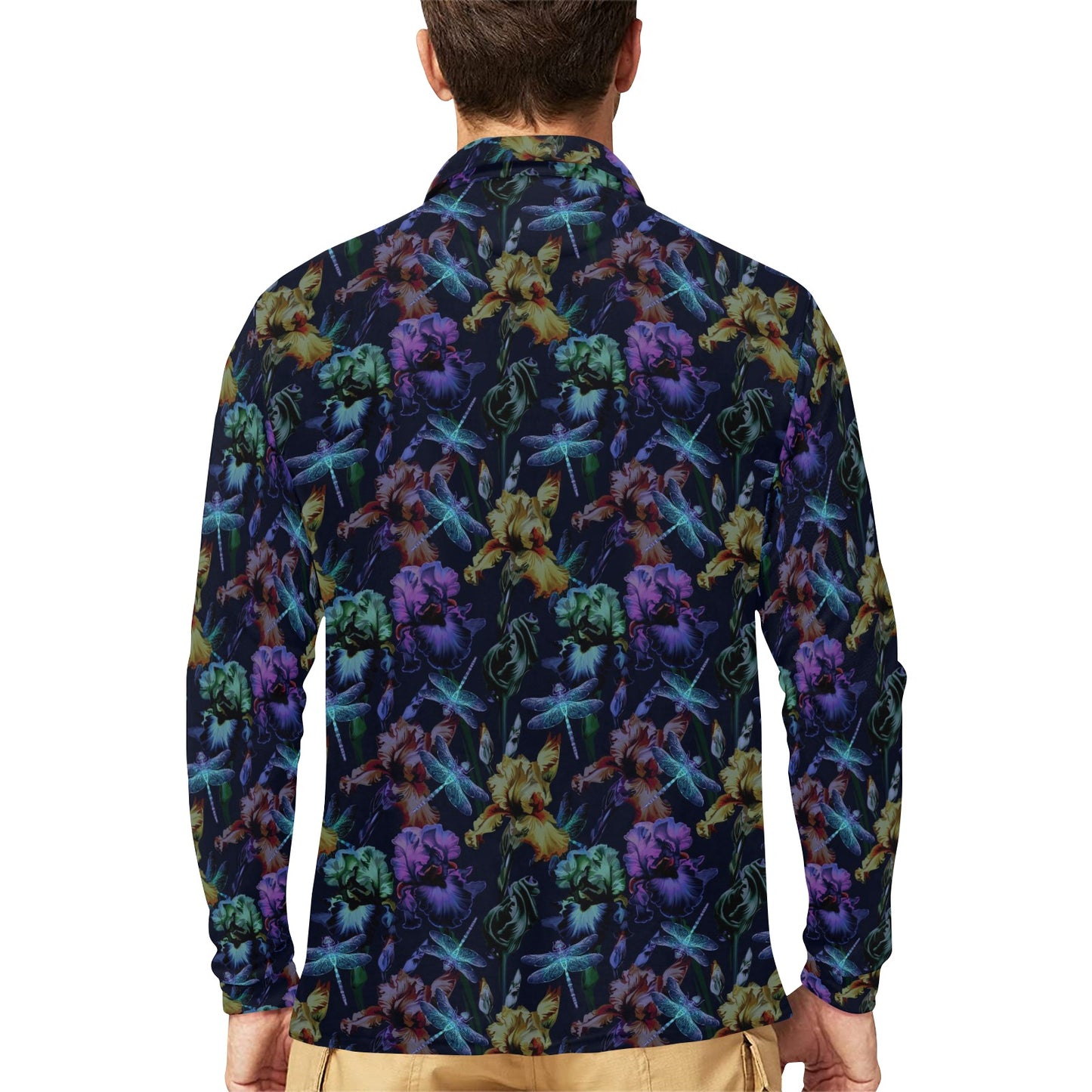 Dragonfly With Floral Print Pattern Long Sleeve Polo Shirt For Men's