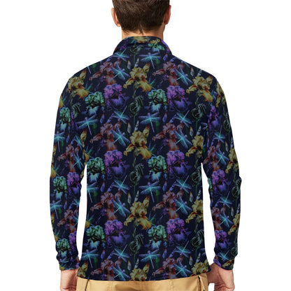 Dragonfly With Floral Print Pattern Long Sleeve Polo Shirt For Men's