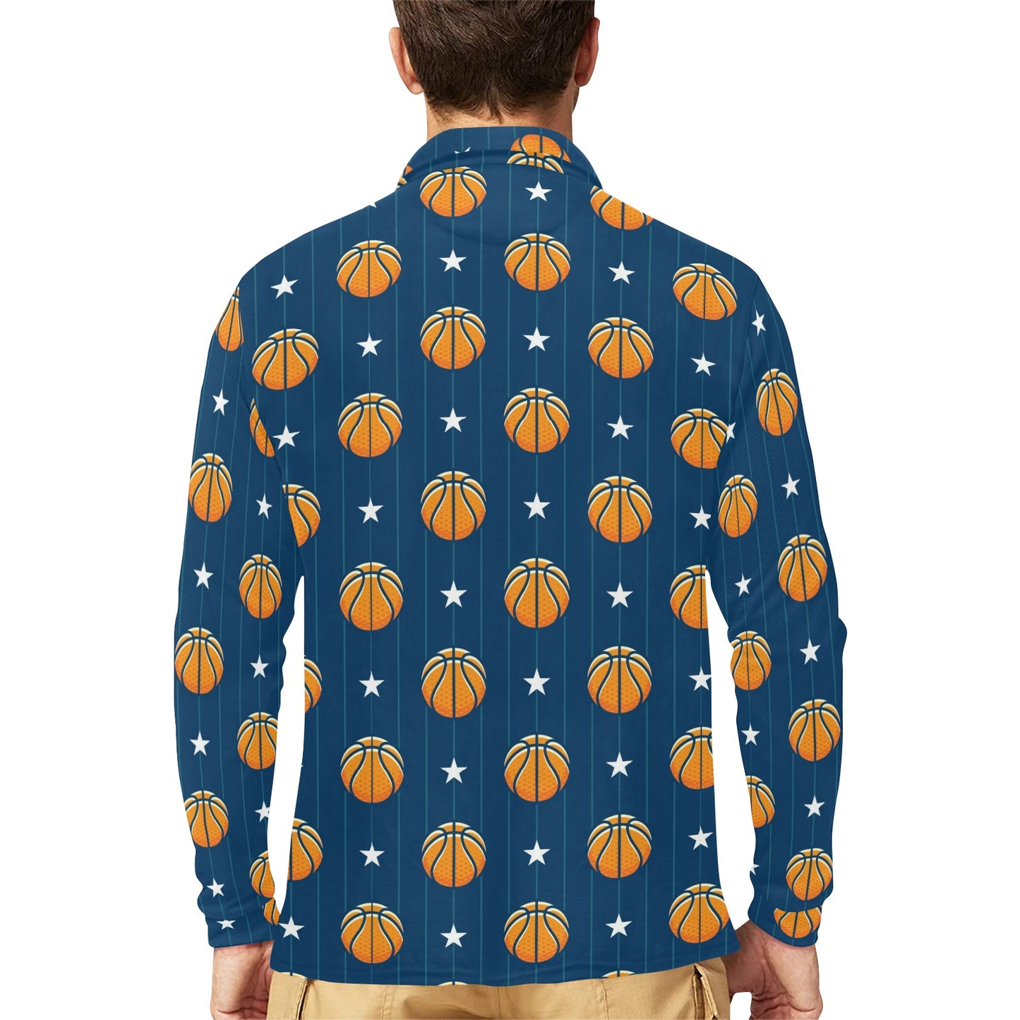 Basketball Star Print Pattern Long Sleeve Polo Shirt For Men's