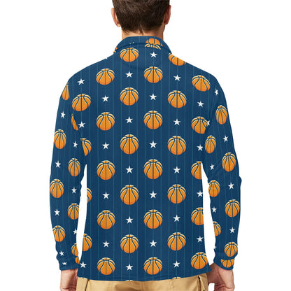 Basketball Star Print Pattern Long Sleeve Polo Shirt For Men's