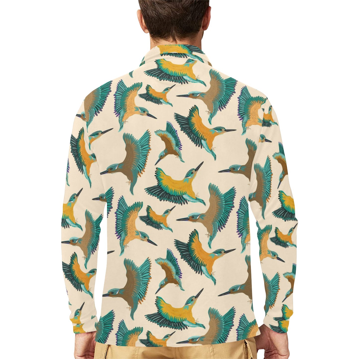 Kingfisher Pattern Print Design 02 Long Sleeve Polo Shirt For Men's
