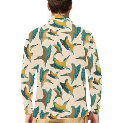 Kingfisher Pattern Print Design 02 Long Sleeve Polo Shirt For Men's