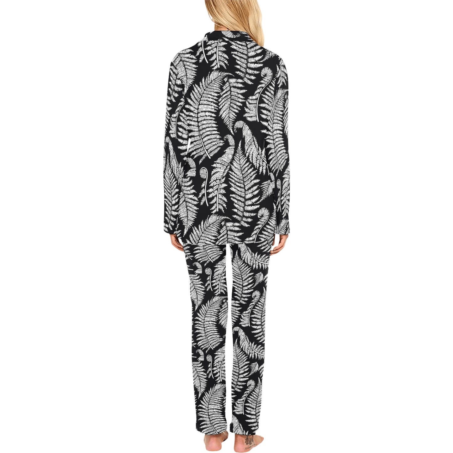 Fern Leave Black White Print Pattern Women's Long Pajama Set