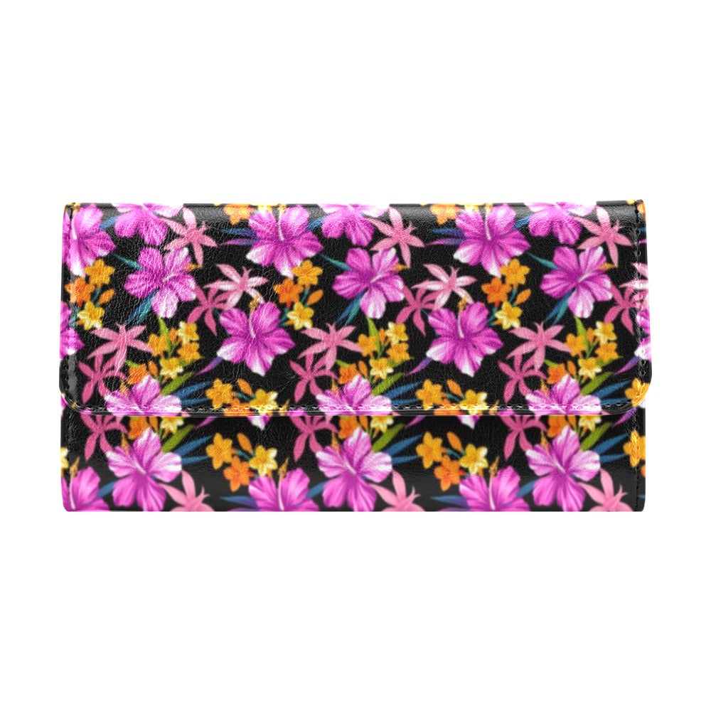 Tropical Folower Pink Hibiscus Print Women's Trifold Wallet