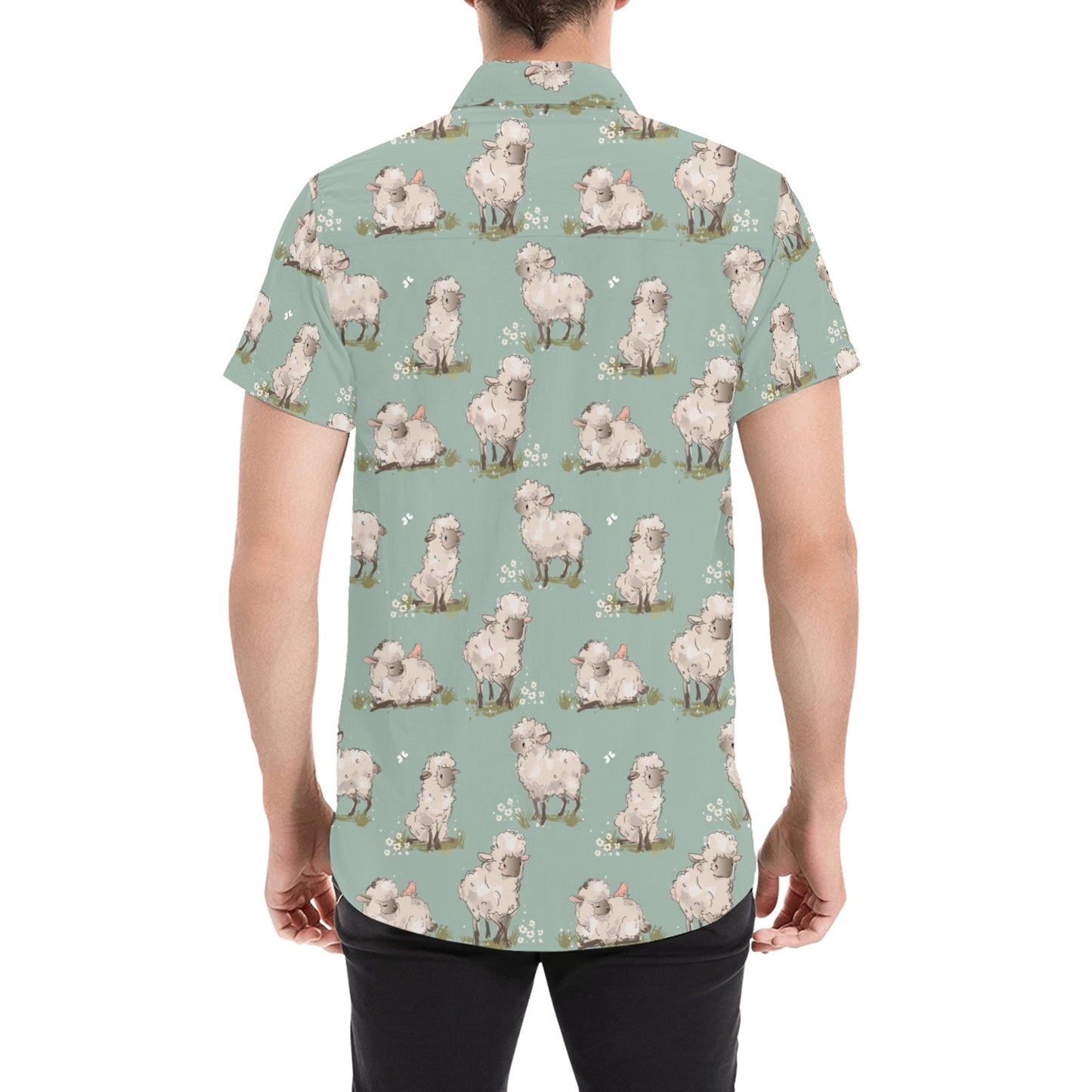 Sheep Print Design LKS405 Men Short Sleeve Button Up Shirt