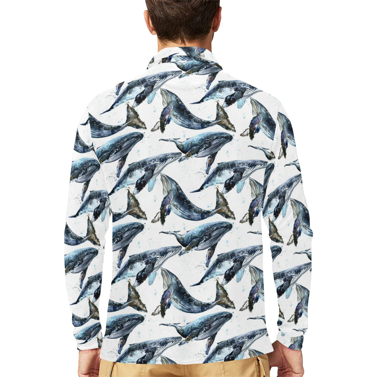 Blue Whale Pattern Print Design 03 Long Sleeve Polo Shirt For Men's
