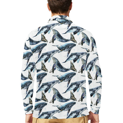 Blue Whale Pattern Print Design 03 Long Sleeve Polo Shirt For Men's