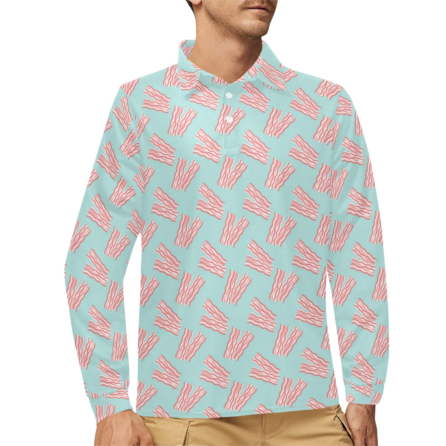 Bacon Pattern Print Design 04 Long Sleeve Polo Shirt For Men's
