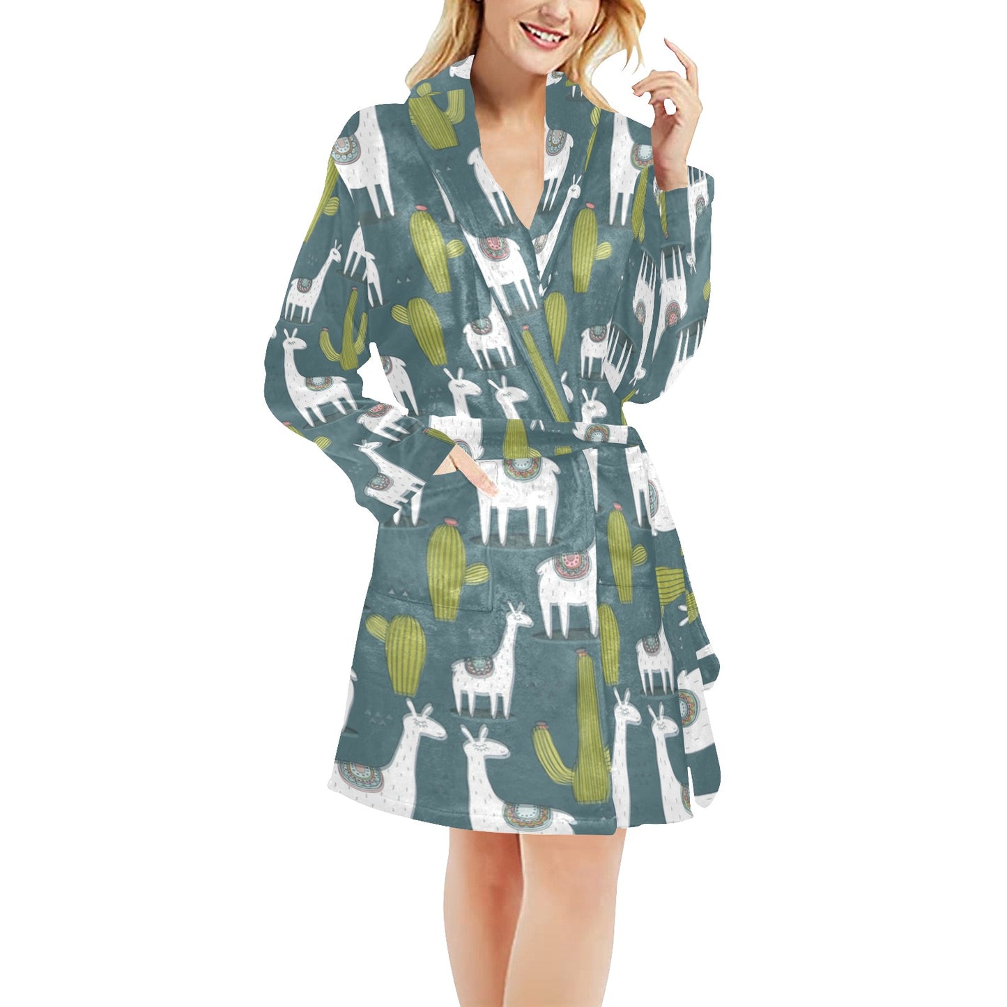 Llama Cactus Pattern Print Design 03 Women's Fleece Robe