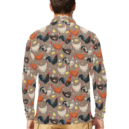 Chicken Evolution Pattern Long Sleeve Polo Shirt For Men's