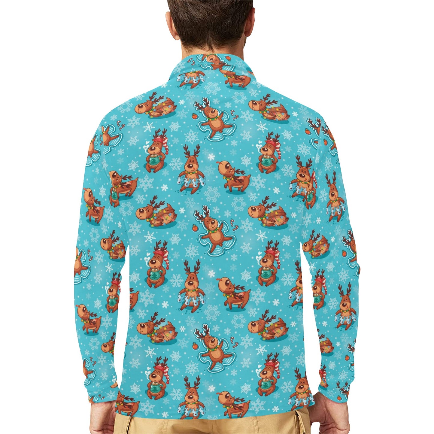 Reindeer Print Design LKS402 Long Sleeve Polo Shirt For Men's