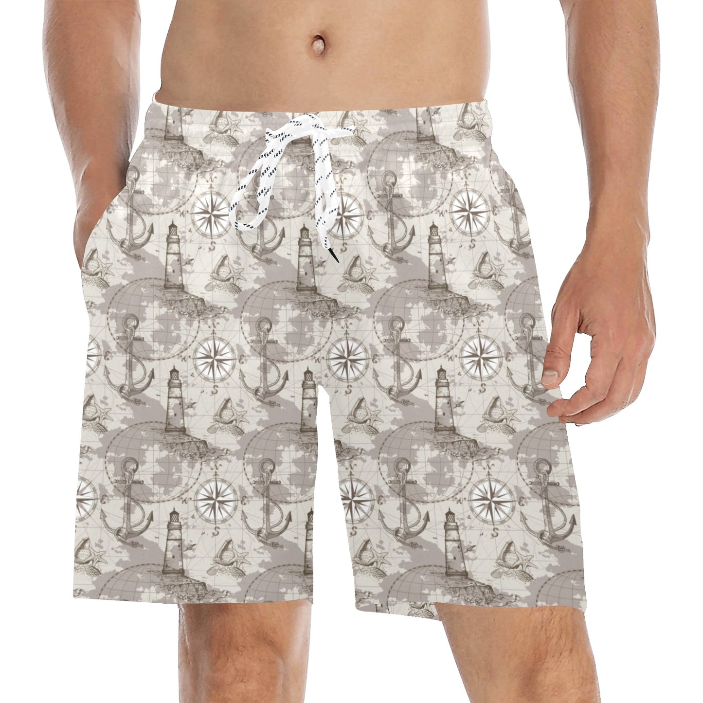 Nautical Map Design Themed Print Men's Swim Trunks Beach Shorts