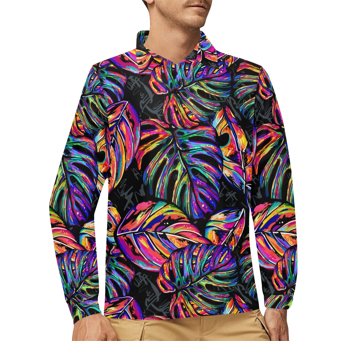 Neon Color Tropical Palm Leaves Long Sleeve Polo Shirt For Men's