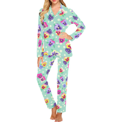 Pansy Pattern Print Design PS08 Women's Long Pajama Set