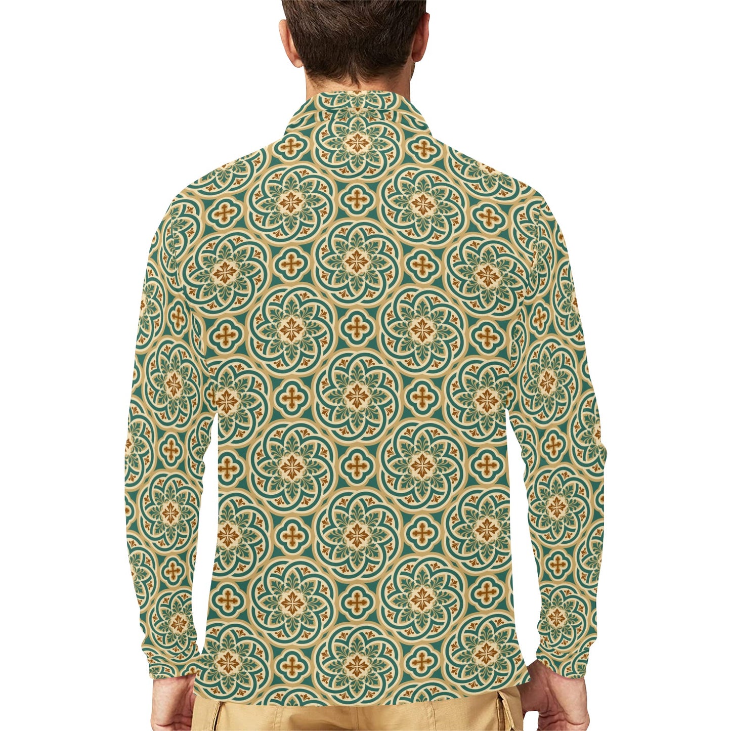 Cross Pattern Print Design 01 Long Sleeve Polo Shirt For Men's