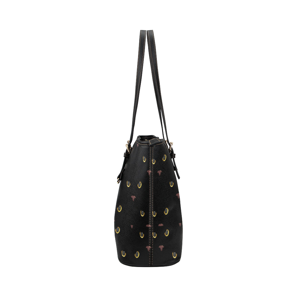 Black Cat Face Print Pattern Leather Tote Bag