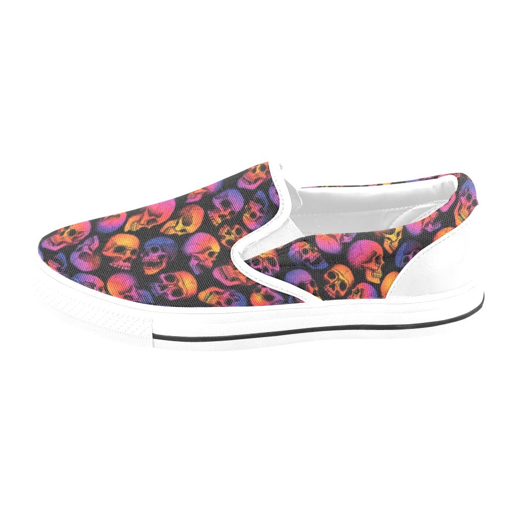 Skull Multicolor Print Design LKS3011 White Slip Ons Canvas Women's Shoes