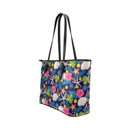 Beach Seashell Floral Theme Leather Tote Bag