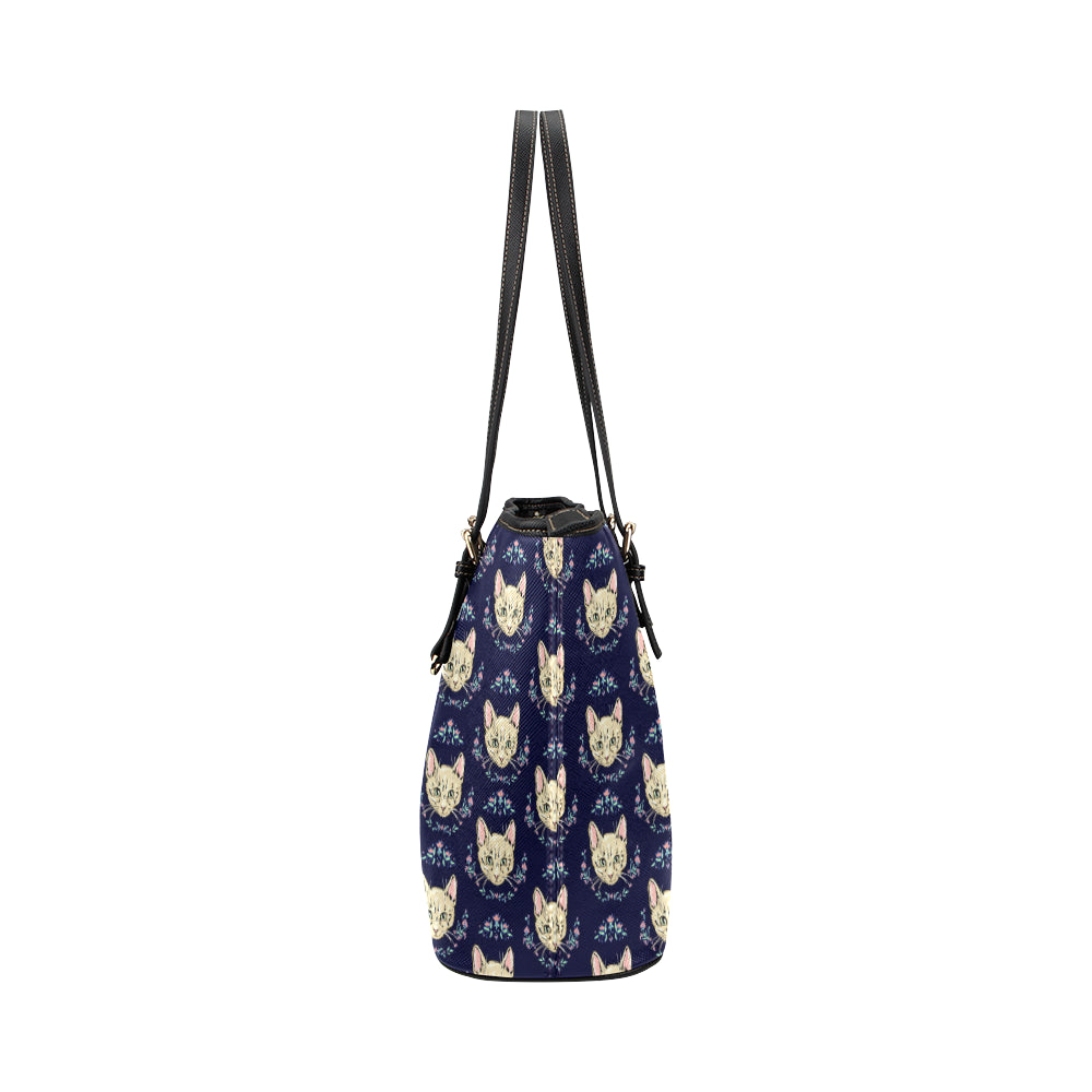 Cat Head with flower Print Pattern Leather Tote Bag