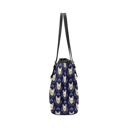Cat Head with flower Print Pattern Leather Tote Bag