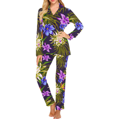 Water Lily Pattern Print Design WL08 Women's Long Pajama Set