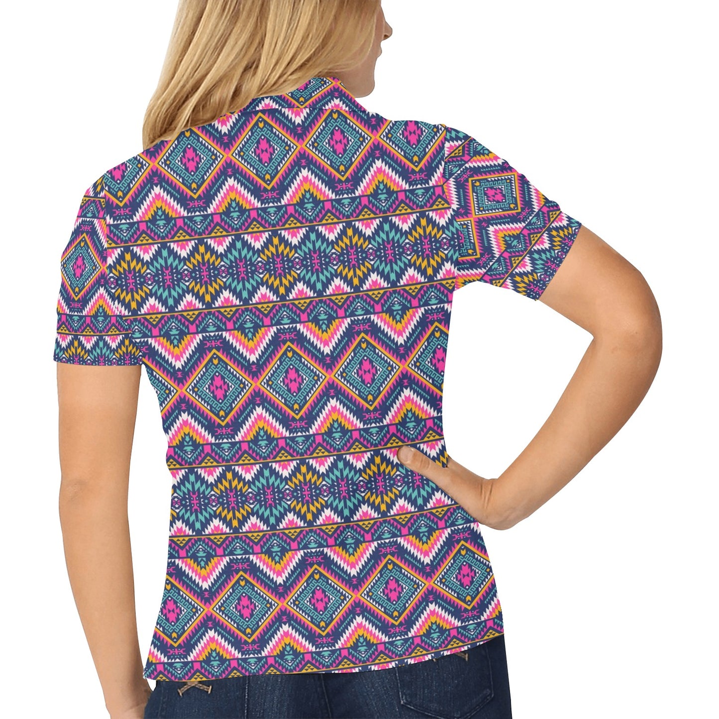 Indian Navajo Pink Themed Design Print Women's Polo Shirt