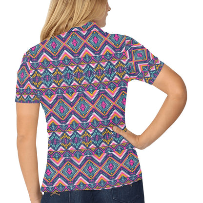 Indian Navajo Pink Themed Design Print Women's Polo Shirt