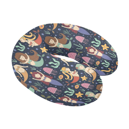 Mermaid Cartoon Pattern Print Design 03 U-Shaped Travel Neck Pillow