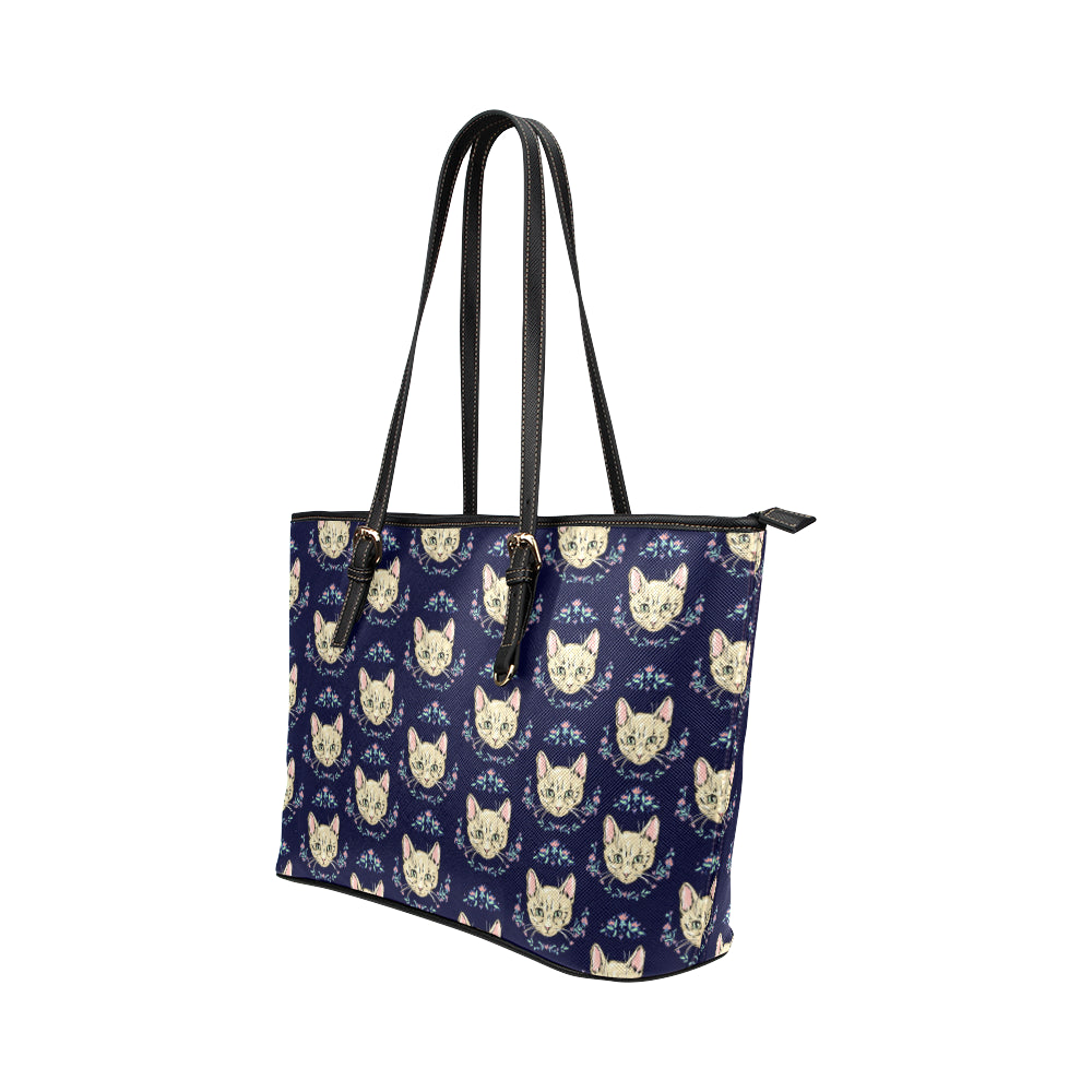Cat Head with flower Print Pattern Leather Tote Bag