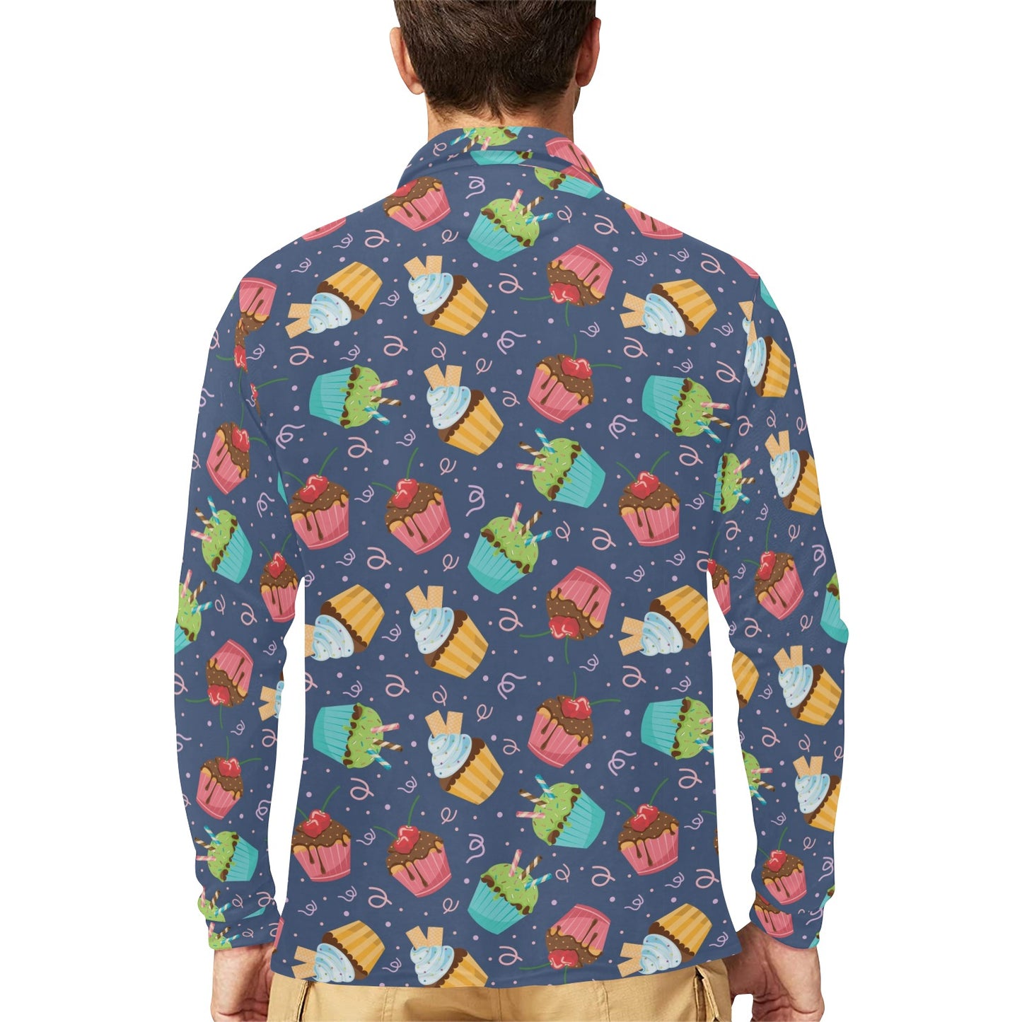 Cupcake Pattern Print Design 02 Long Sleeve Polo Shirt For Men's