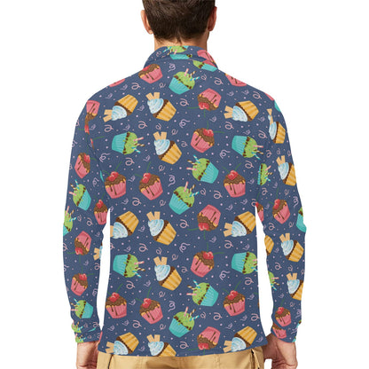 Cupcake Pattern Print Design 02 Long Sleeve Polo Shirt For Men's