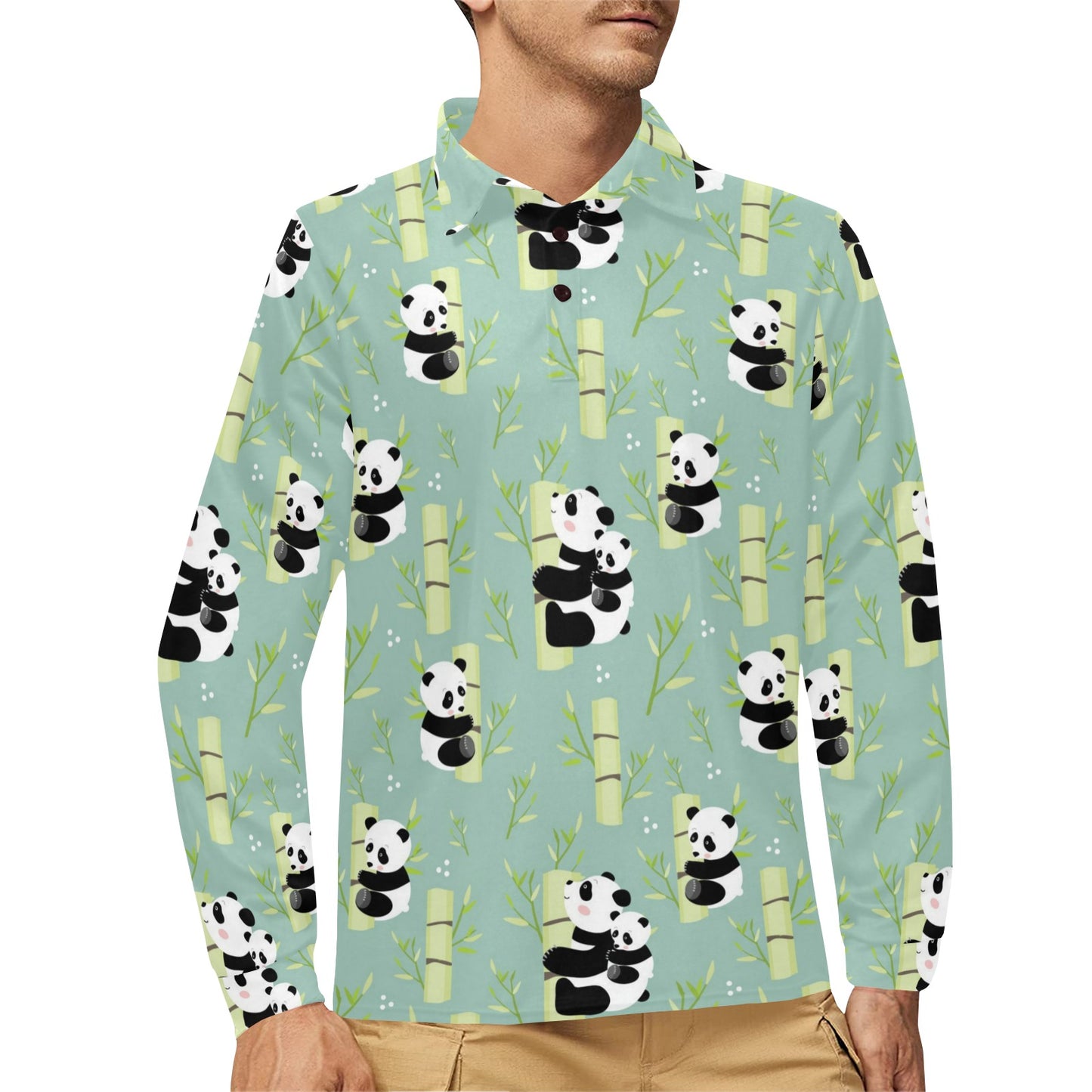 Panda Pattern Print Design A03 Long Sleeve Polo Shirt For Men's