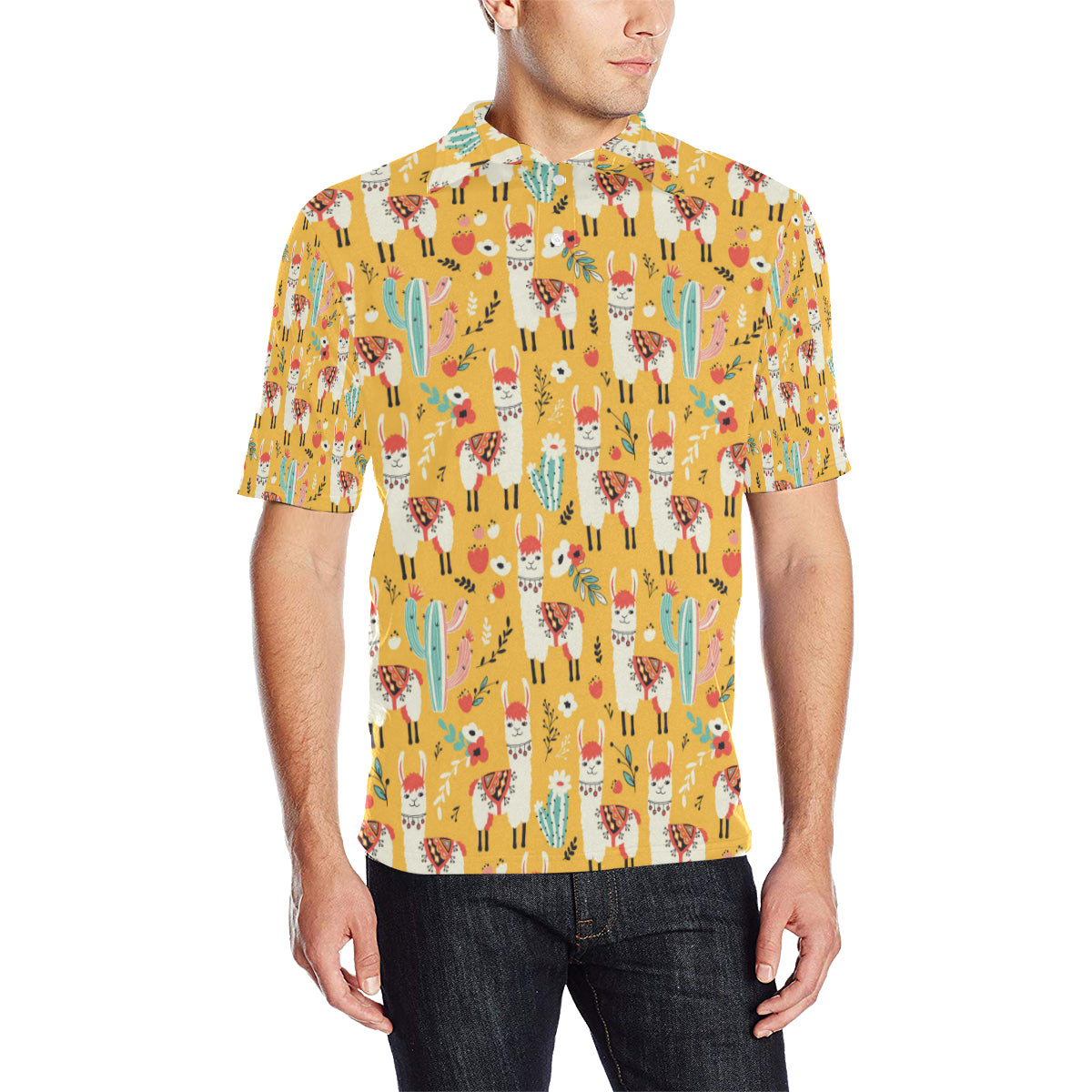 Llama Cute Themed Print Men Polo Shirt