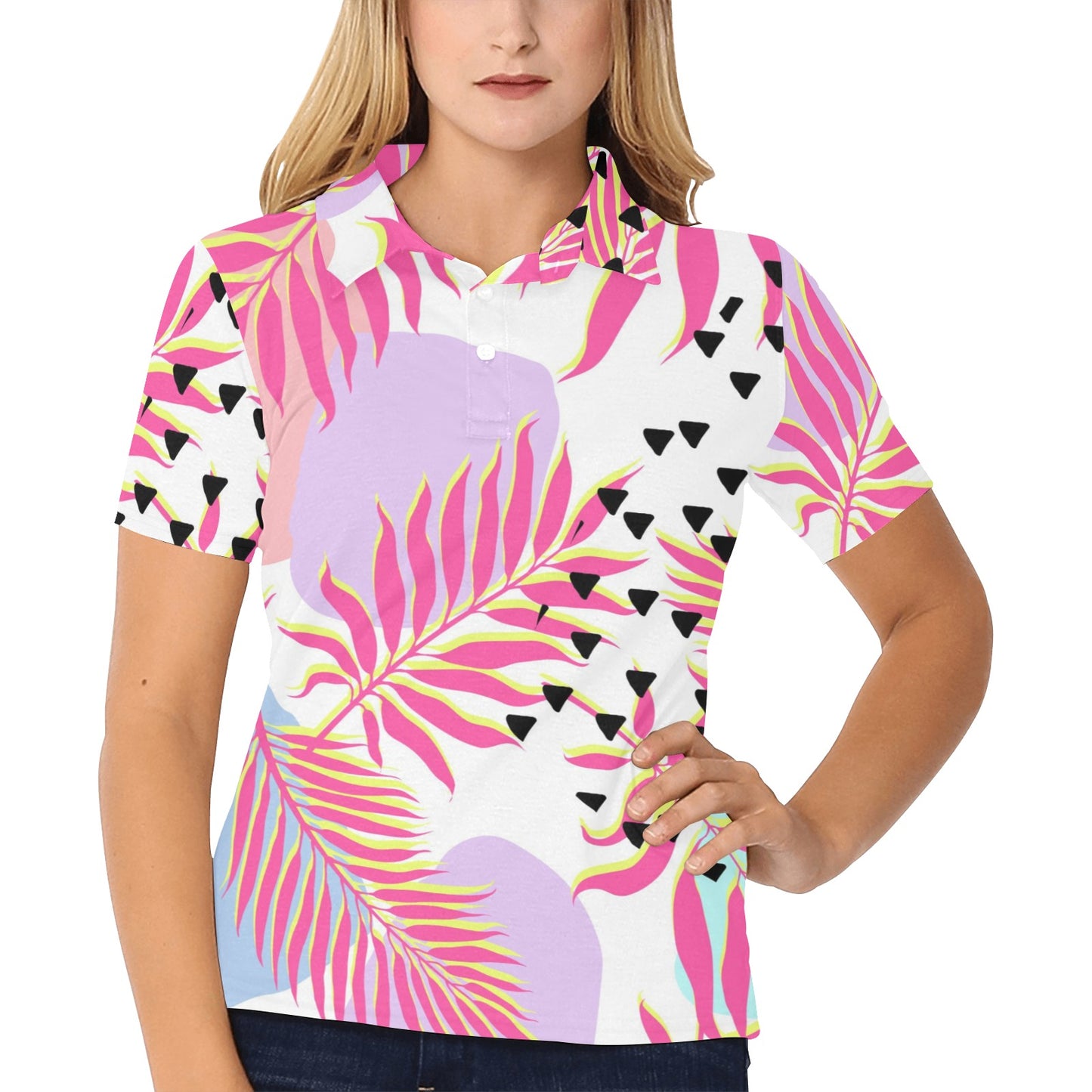 Pink Tropical Palm Leaves Women's Polo Shirt