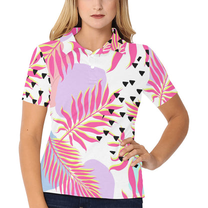 Pink Tropical Palm Leaves Women's Polo Shirt